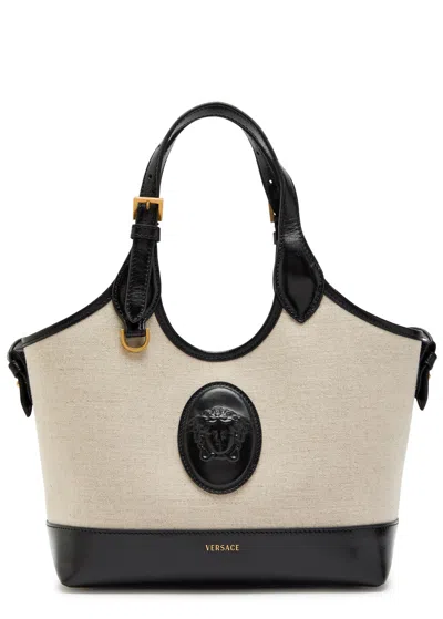 Versace Small Leather And Canvas Tote Bag In Black