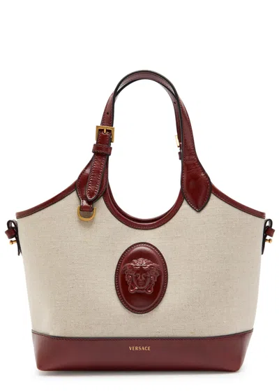 Versace Small Leather And Canvas Tote Bag In Neutral