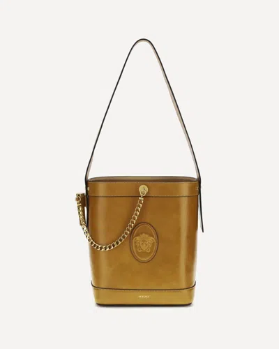 Versace Small Leather Pivot Bucket Bag In Brown