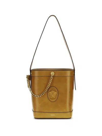 Versace Pivot Small Leather Bucket Bag In Brown
