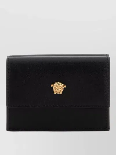 Versace Small Leather Wallet Gold Tone Hardware In Black