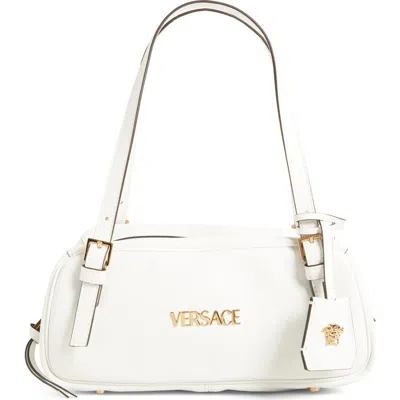 Versace Small Logo East/west Leather Shoulder Bag In Porcelain White  Gold
