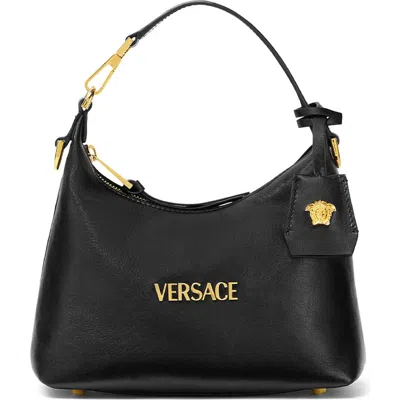 Versace Small Logo Leather Hobo Bag In Black  Gold