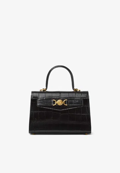 Versace Small Medusa '95 Croc-embossed Leather Top Handle Bag In Black