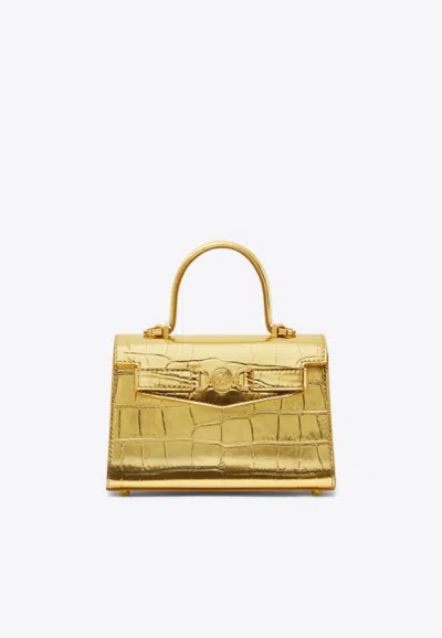 Versace Small Medusa 95 Croc-embossed Leather Top Handle Bag In Gold