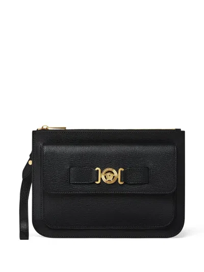 Versace Mini Leather Clutch Handbag With Medusa Detail In Black