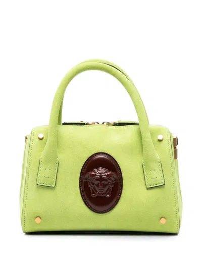 Versace Small Medusa Head Suede Tote Bag In Green