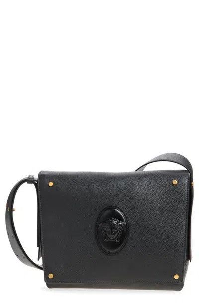 Versace Small Medusa Leather Messenger Bag In Black-gold 82