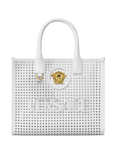 Versace Small Medusa-plaque Perforated Tote Bag In White