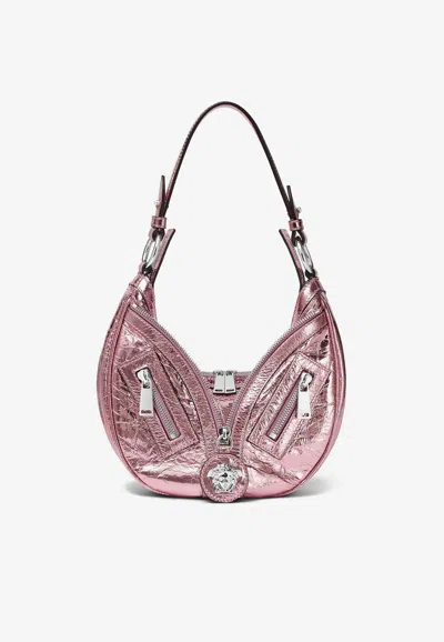 Versace Small Metallic Leather Hobo Bag In Pink