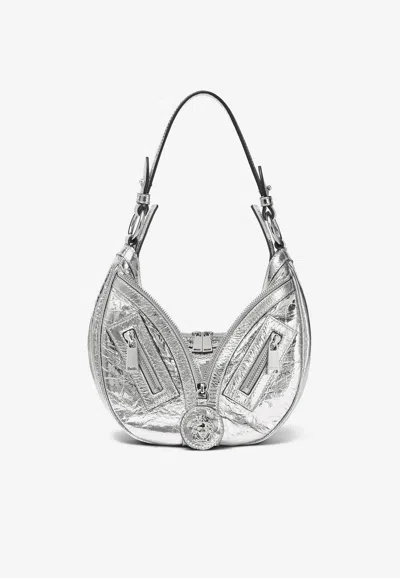 Versace Small Metallic Leather Hobo Bag In Silver
