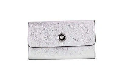 Pre-owned Versace Small Metallic Silver Lamb Leather Medusa Clutch Crossbody Wallet Bag