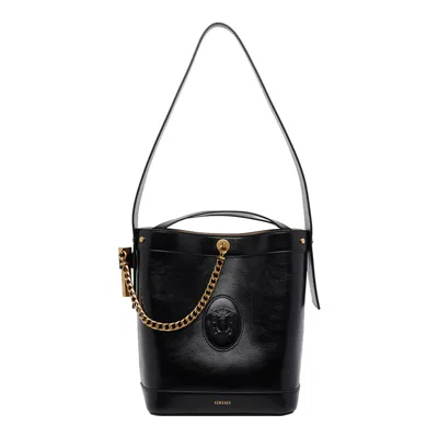 Versace Pivot Small Leather Bucket Bag In Black
