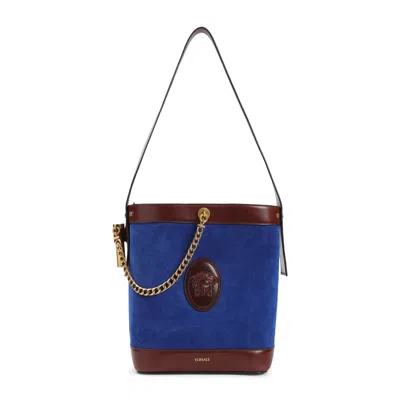 Versace Small Pivot Bucket Bag In Suede And Leather Blue In Black