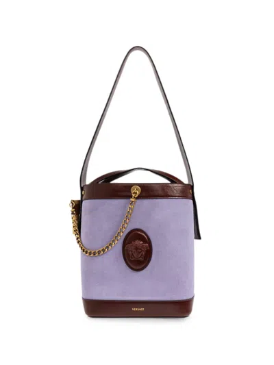 Versace Pivot Leather-trimmed Suede Bucket Bag In Multi