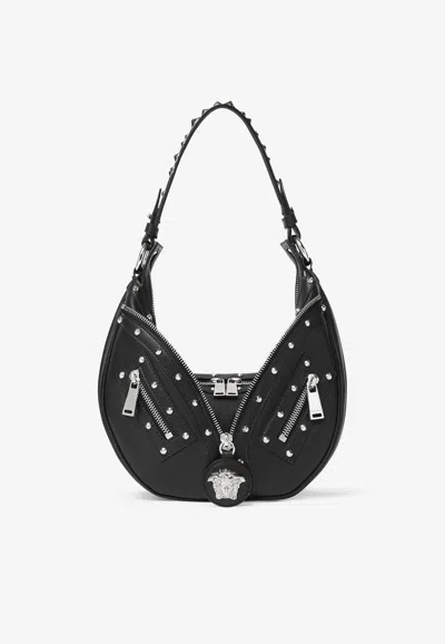Versace Small Repeat Hobo Leather Shoulder Bag In Black