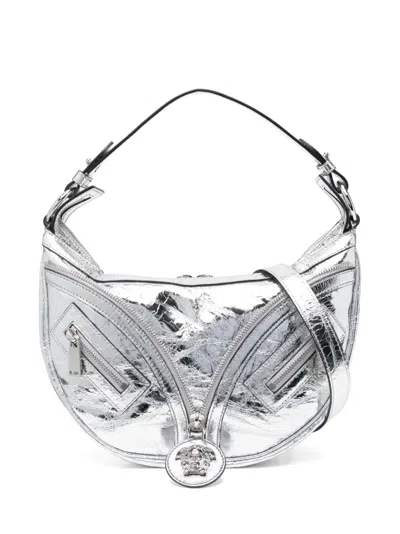 Versace Small Repeat Metallic-effect Shoulder Bag In Gray