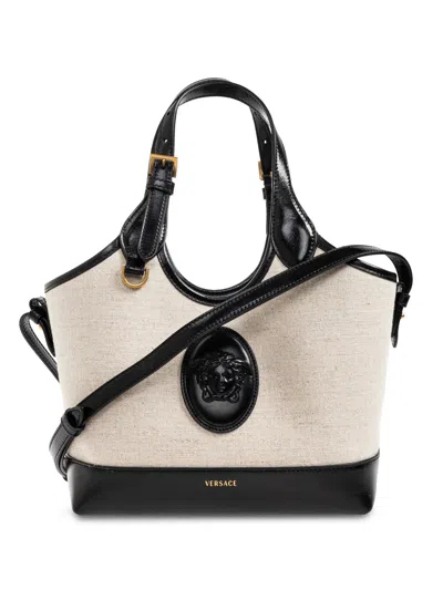 Versace Small Leather And Canvas Tote Bag In Black