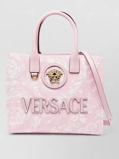 Versace Small Tote Bag Medusa Print Fabric Leather In Pink