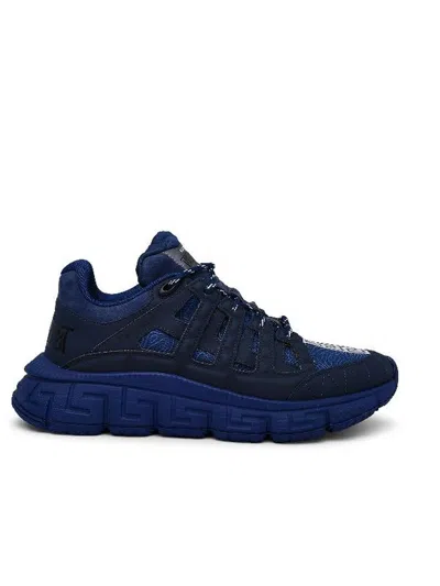 Versace High-top Sneakers With Padded Collar And Mesh Panels In Blue