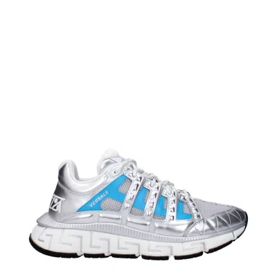 Versace Sneakers Trigreek Man Fabric Silver/blue In Gray