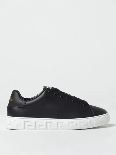 Versace Leather Sneakers With La Greca Detail In Black