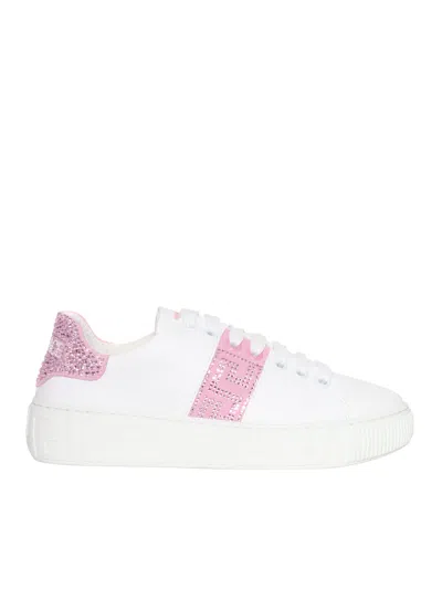 Versace Kids'  Sneakers With Strass In White Pale Pink