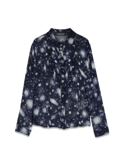 Versace Kids' Solar System Printed Silk Shirt In Navy,white