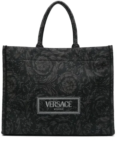 Versace Sophisticated Black And Gold Baroque Jacquard Tote Handbag For Men