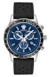 Versace Men's Sport Chrono Silver Stainless Steel And Leather Strap Watch, 44mm In Black/blue/silver
