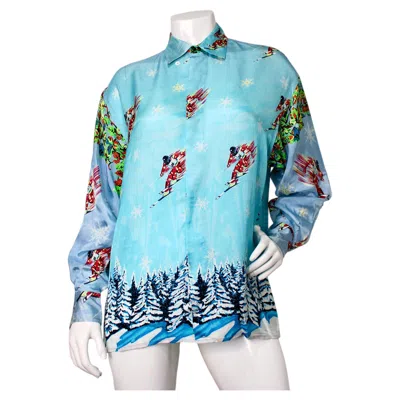 Pre-owned Versace Sport Winter Ski Print Silk Button-up Shirt Circa 1990s In Blue