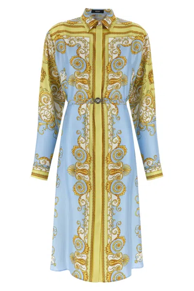 Versace Barocco Dress Belted Waist Long Sleeves In Multi