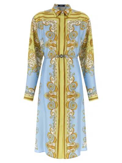 Versace Barocco Dress Belted Waist Long Sleeves In Multi