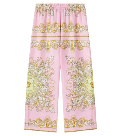 Versace Kids' Spring Barocco Silk Twill Pants In Pink