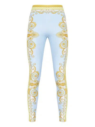 Versace Blue Leggings With All-over Geometric Print In Stretch Fabric Woman In Multi