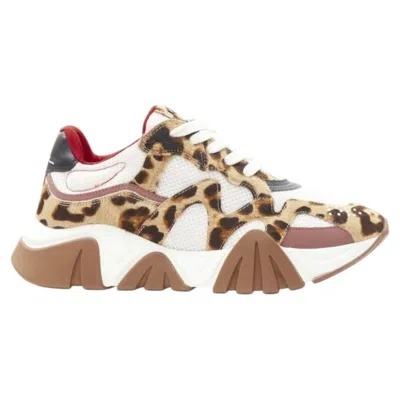 Pre-owned Versace Squalo Brown Leopard Calfskin White Mesh Chunky Sneakers Eu41 Us8