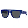 VERSACE SQUARE FULL RIM, WITH A BLUETTE FRAME AND DARK GREY LENS.