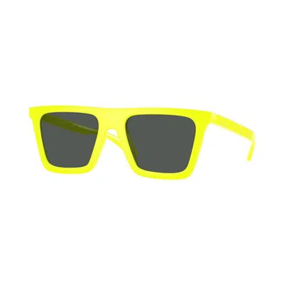 Versace Square Full Rim, With A Tropical Full Yellow Frame And Dark Grey Lens.