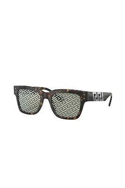 Pre-owned Versace Square Metal Sunglasses With Green Silver Monogram Lens For Women - In Brown