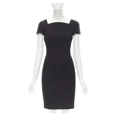 Pre-owned Versace Square Neckline Leather Cap Sleeve Bodycon Seam Sheath Dress It38 Xs In Black