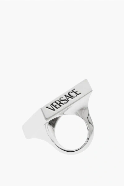 Versace Square Polished Metal Ring In Metallic