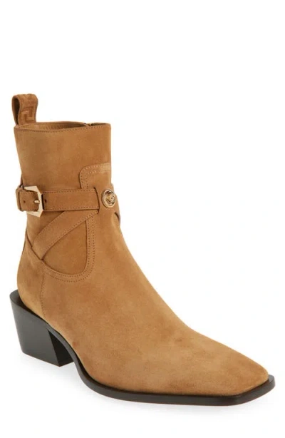 Versace Square Toe Boot In Tobacco- Gold