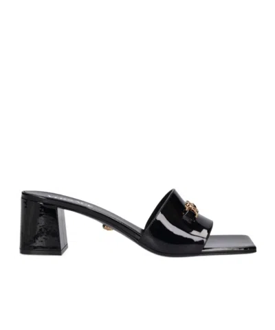 Versace Square Toe High Heel Sandals In Black