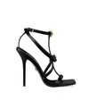 Versace Satin Ankle Strap Sandals With Golden And Rhinestone Logo 12 In Black