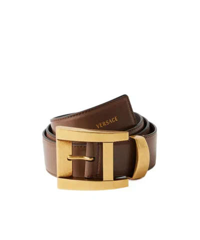 Versace Square-buckle Leather Belt In Brown