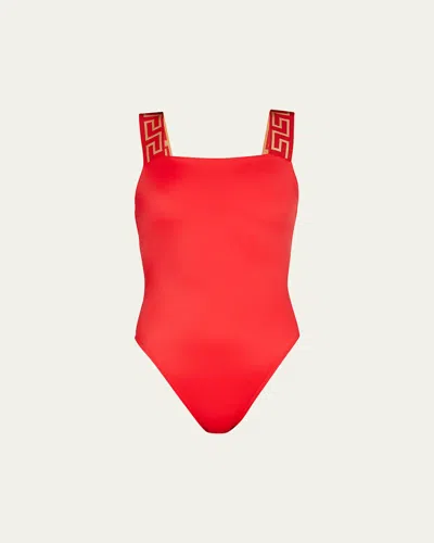 Versace Square-neck Greca-strap One-piece Swimsuit In Red