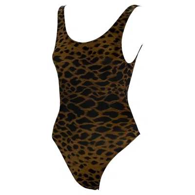 Pre-owned Versace S/s 1992 Gianni  Brown Leopard Print One Piece Runway Swimsuit Leotard