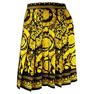 Pre-owned Versace S/s 1992 Gianni  Couture Black Gold Baroque Print Pleated Skirt