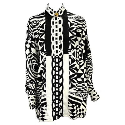 Pre-owned Versace S/s 1992 Gianni  Couture Silk Black & White Geometric Print Button Down