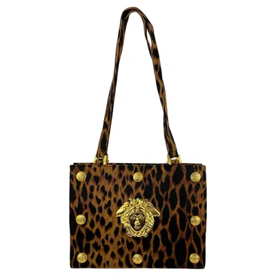 Pre-owned Versace S/s 1992 Gianni  Leopard Print Shoulder Bag Gold Medusa Medallion In Black